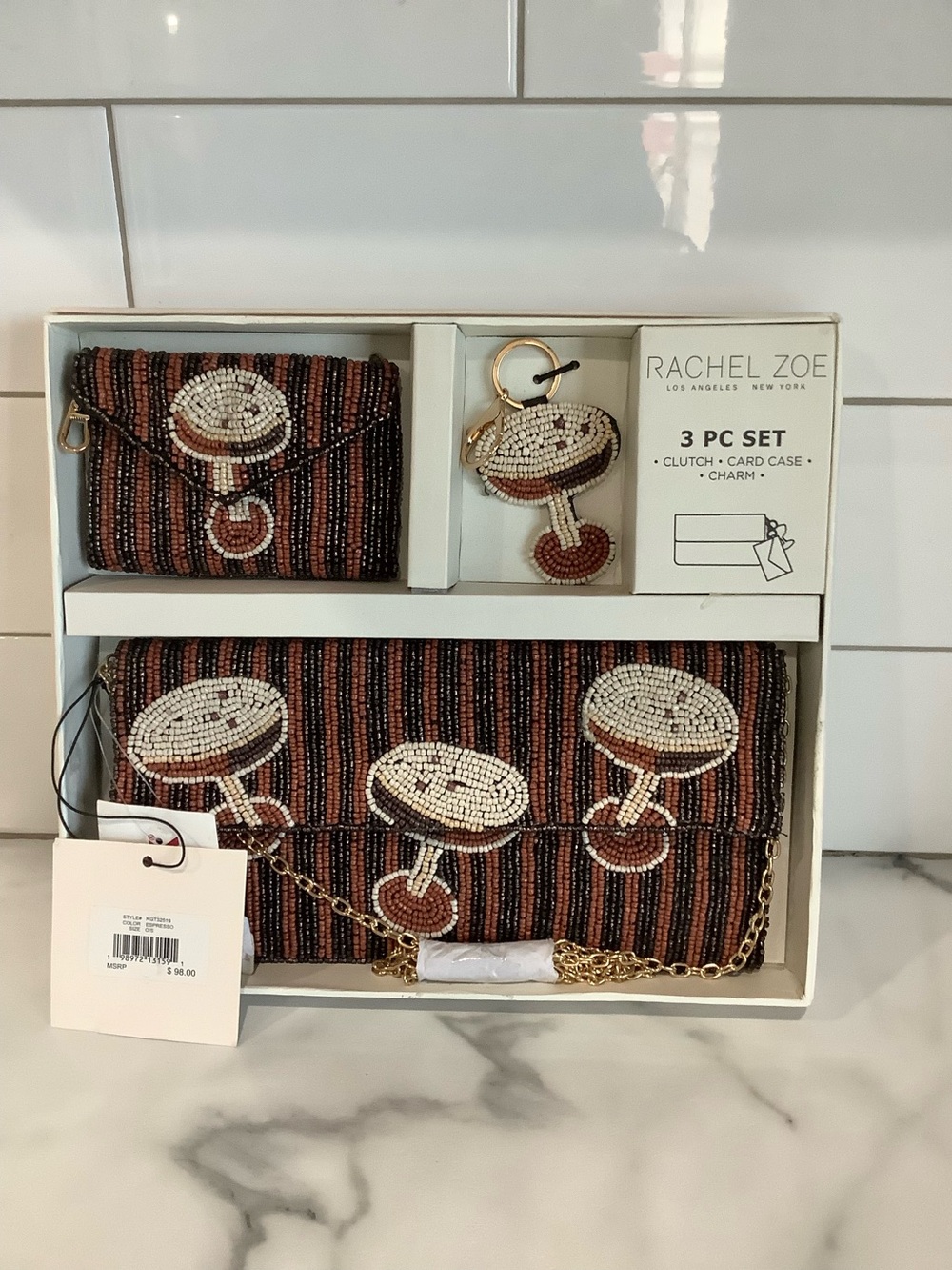 Rachel Zoe Black, Brown & White Beaded Cocktail Clutch, Card Case & Charm Set